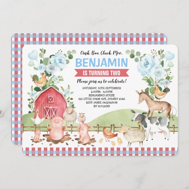 Blue Floral Farm Animals Barnyard Birthday Party Invitation (Front/Back)