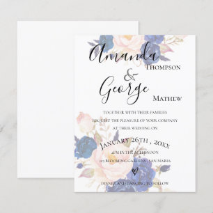 Blue Floral Faux Vellum Effect Wedding Invitation