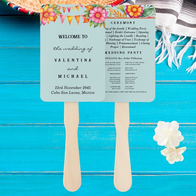 Blue Floral Fiesta Mexican Wedding Program Hand Fan (Creator Uploaded)