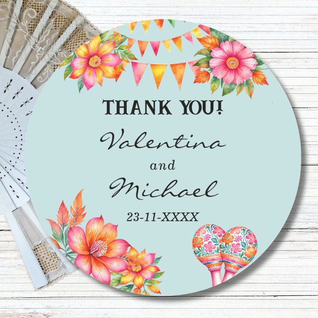 Blue Floral Fiesta Mexican Wedding Thank You Classic Round Sticker (Creator Uploaded)