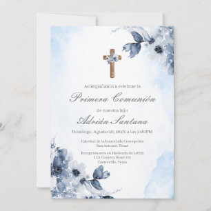 Blue floral first communion invitation in spanish