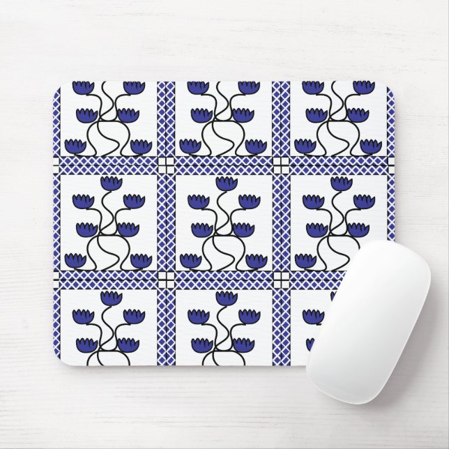 Blue Floral Flower Geometric Pattern Mouse Pad (With Mouse)