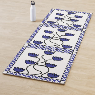 Blue Floral Flower Geometric Pattern Yoga Mat
