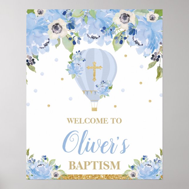 Blue Floral Flower Hot Air Balloon Baptism Welcome Poster (Front)