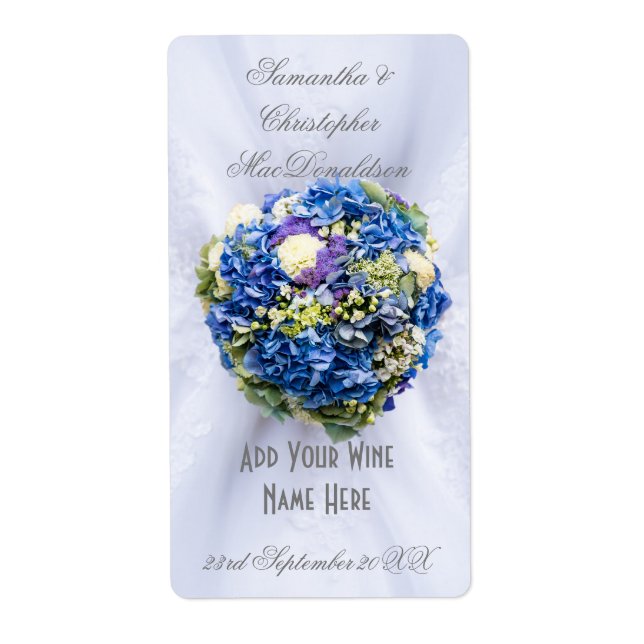 Blue floral flowers wedding dress wine bottle (Front)