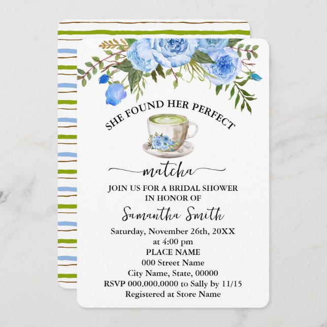 Blue Floral Found Her Perfect Matcha Bridal Shower Invitation (Front/Back)
