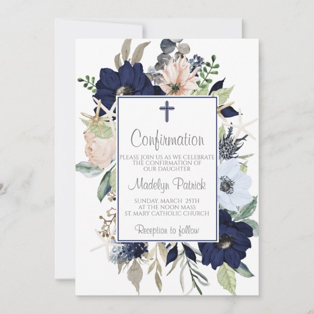 Blue Floral Frame Confirmation  Invitation (Front)