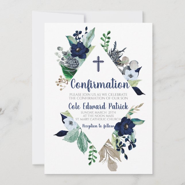 Blue Floral Frame Confirmation  Invitation (Front)