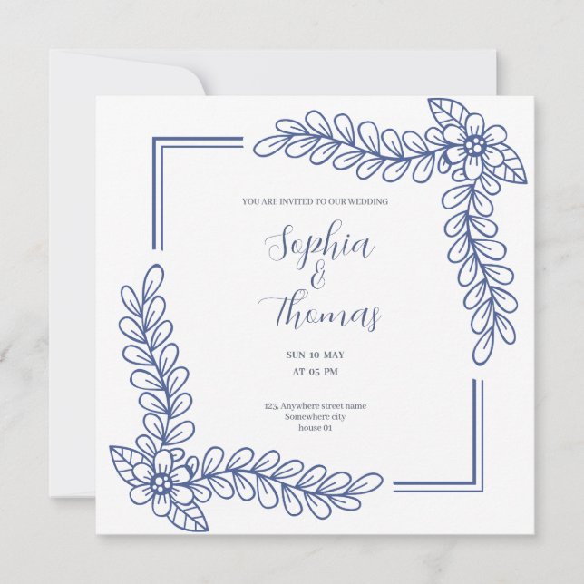 Blue Floral frame elegant wedding invitation (Front)