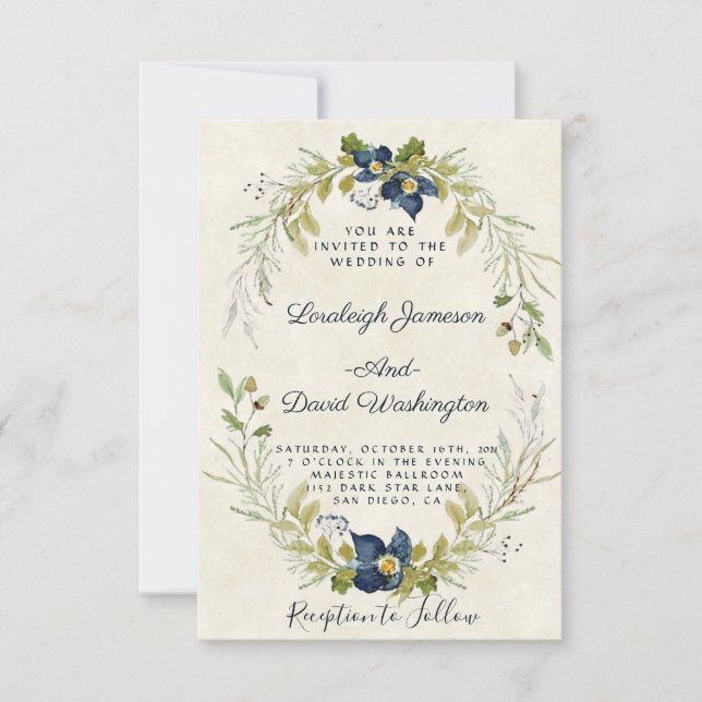 Blue floral frame wedding invitation (Front)