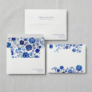 Blue Floral Frame Wedding return address Envelope