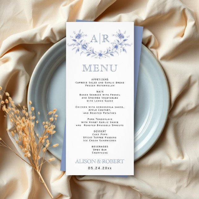 Blue floral frame with monogram wedding menu card (Creator Uploaded)