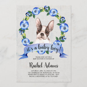 Blue Floral French Bull Dog Baby Shower Invitation