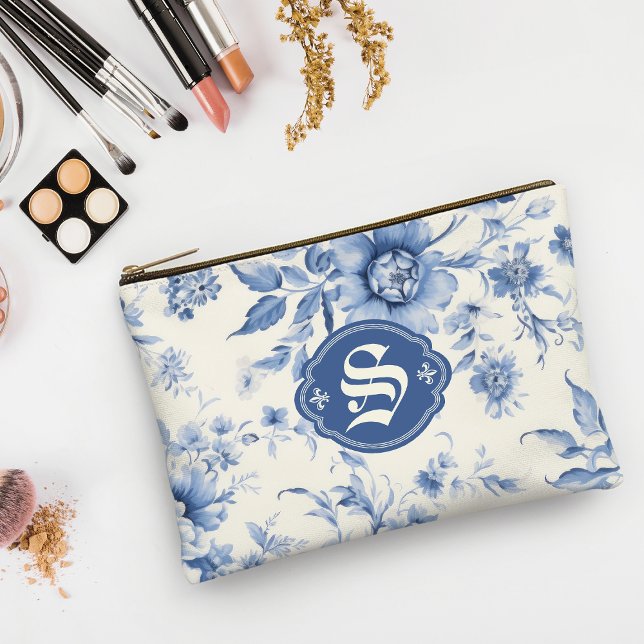 Blue Floral French Toile Chinoiserie Personalised Accessory Pouch (Creator Uploaded)