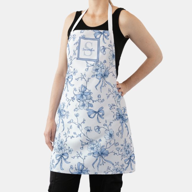 Blue Floral French Toile Monogram Name Apron (Insitu)