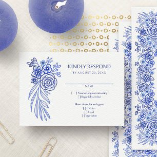 Blue Floral French Wedding RSVP Card