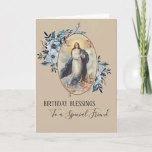 Blue Floral   Friend Birthday   Virgin Mother Mary Card