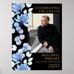 Blue Floral Funeral Celebration Of Life Photo Sign