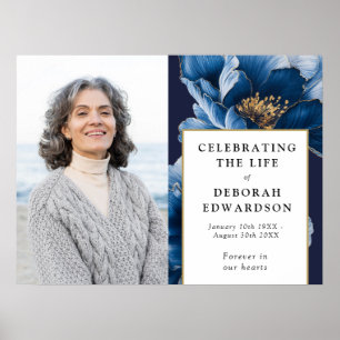 Blue Floral Funeral Celebration Of Life Photo Sign