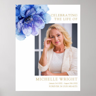 Blue Floral Funeral Celebration Of Life Photo Sign