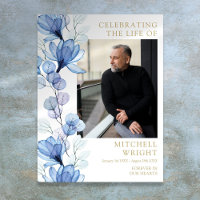 Blue Floral Funeral Celebration Of Life Photo Sign
