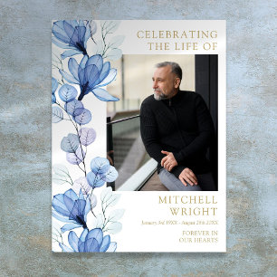 Blue Floral Funeral Celebration Of Life Photo Sign