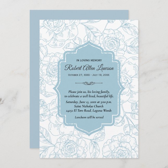 Blue Floral Funeral Memorial Remembrance Invites (Front/Back)
