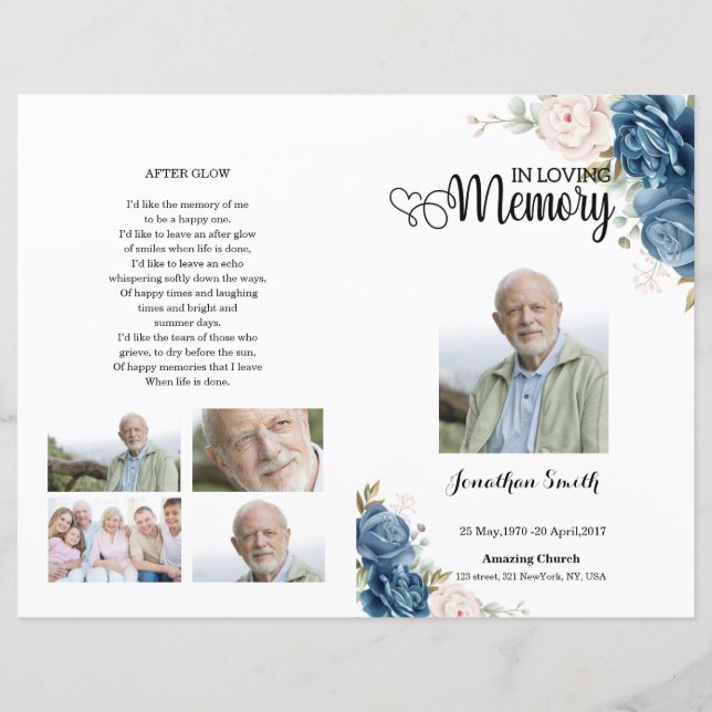 Blue Floral Funeral Program template (Front)