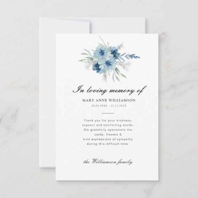 blue floral funeral thank you note card (Front)