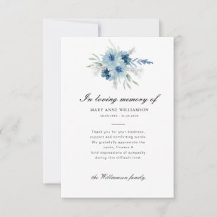 blue floral funeral thank you note card