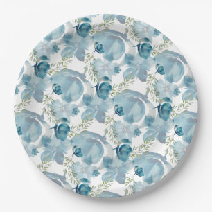 Blue Floral Fusion Watercolor Hand-painted Paper Plate