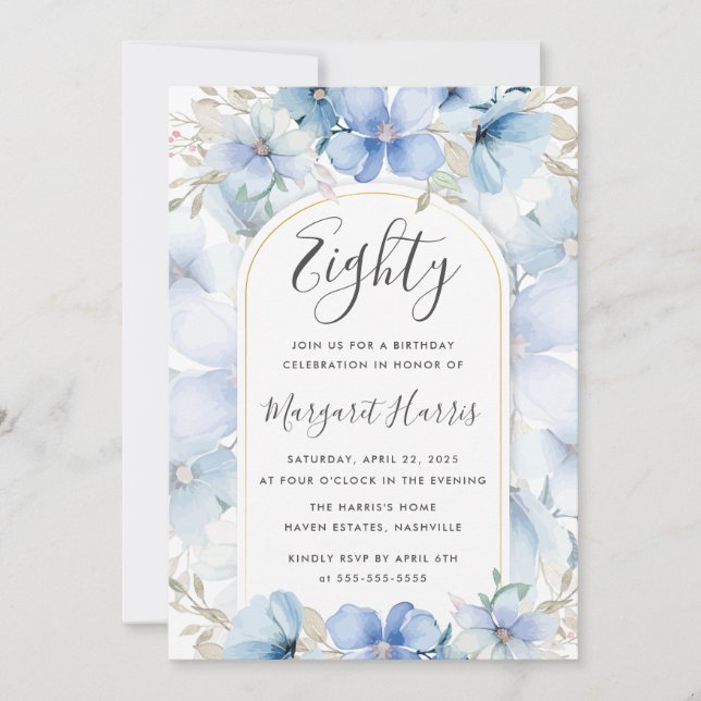 Blue Floral Garden 80th Eighty Birthday Invitation (Front)