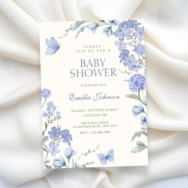 Blue floral garden baby shower invitation (Creator Uploaded)