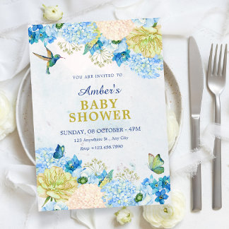 Blue floral garden baby shower invitation