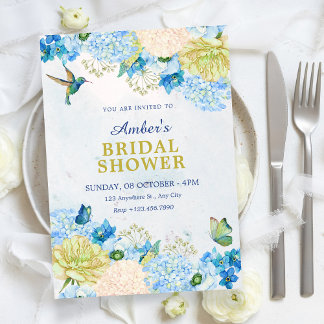 Blue floral garden bridal shower invitation