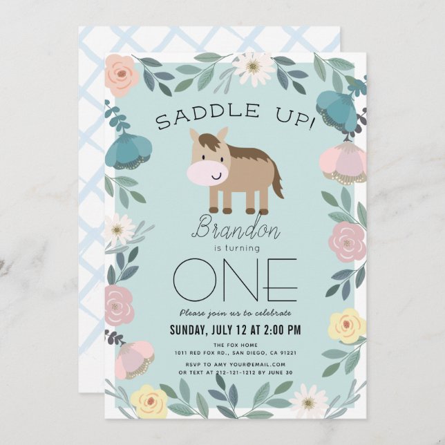Blue Floral Garden Horse Boy 1st Birthday Invitation (Front/Back)