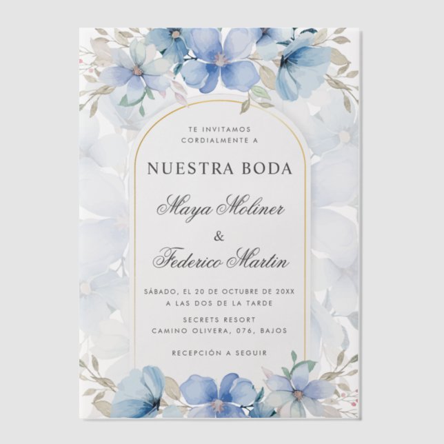 Blue Floral Garden Nuestra Boda Spanish Wedding Vellum Invitations (Front)