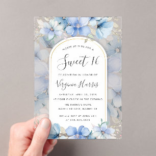 Blue Floral Garden Sweet Sixteen 16 Birthday Acrylic Invitations