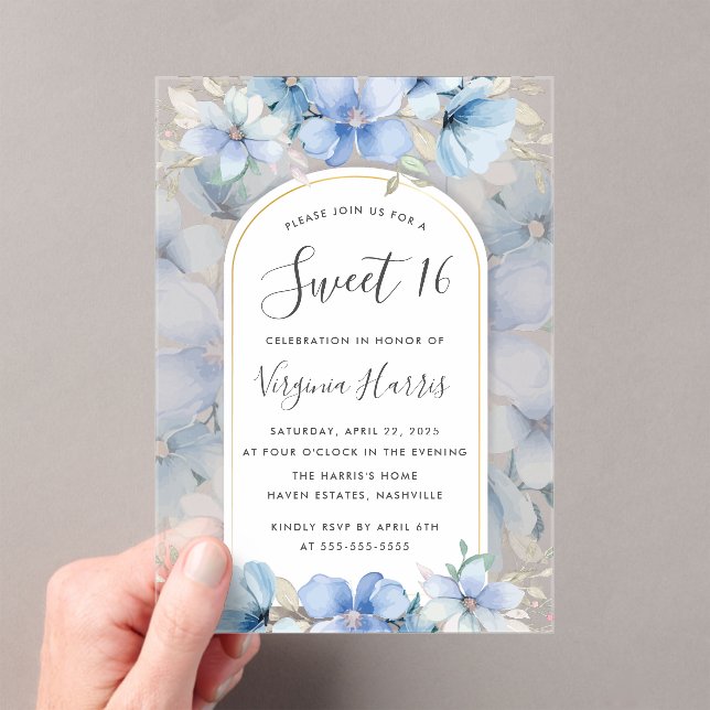 Blue Floral Garden Sweet Sixteen 16 Birthday Acrylic Invitations (Insitu (Handheld))