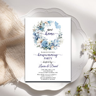 Blue Floral Garland Housewarming Party Invitation