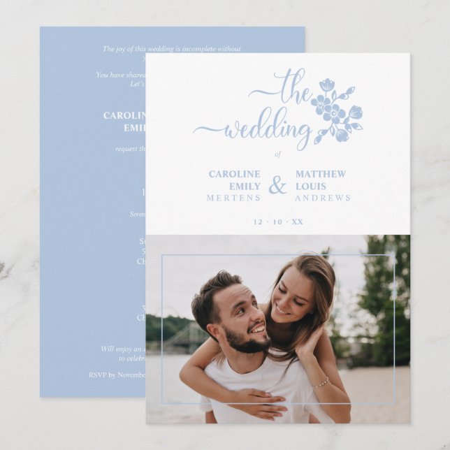Blue Floral Garland Photo Card Couple Wedding (Front/Back)
