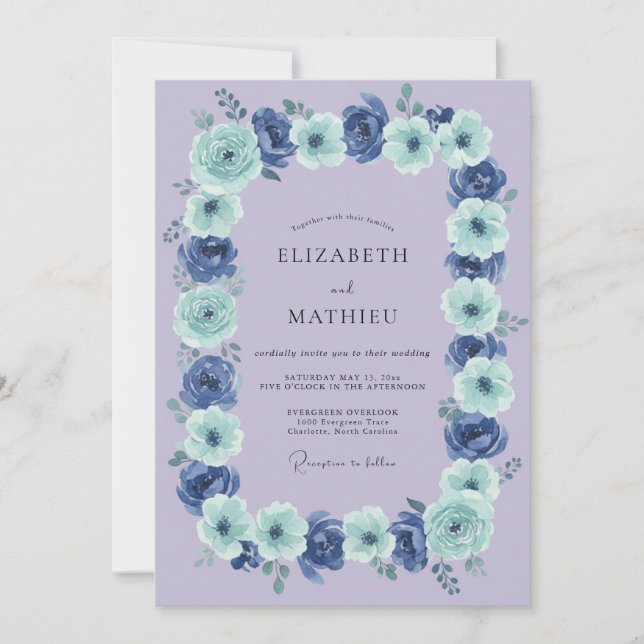 Blue Floral Garland Wedding Invitation (Front)