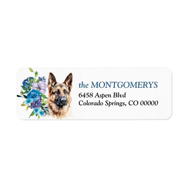 Blue Floral German Shepherd Dog Return Address Label (Front)