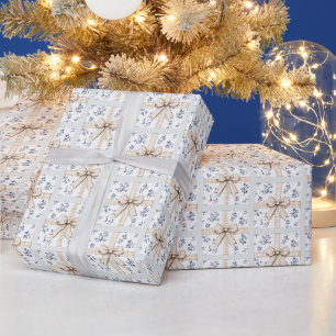 Blue Floral Gifts Cream Bows Christmas Wrapping Paper