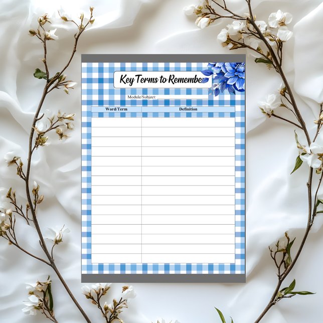 Blue Floral Gingham _ Key Terms to Remember Notepad (Creator Uploaded)