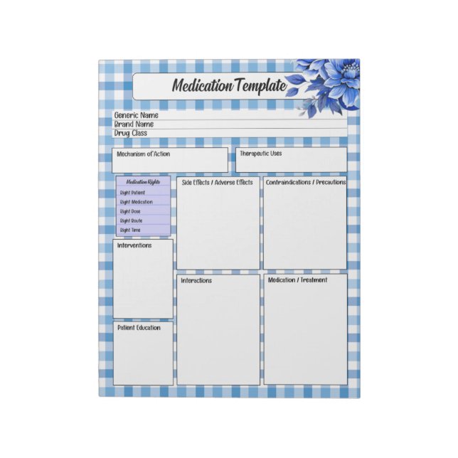 Blue Floral Gingham  _ Medication Template Notepad (Rotated)