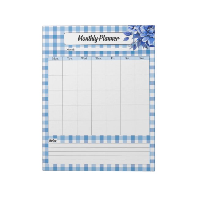 Blue Floral Gingham _ Monthly Planner Notepad (Rotated)