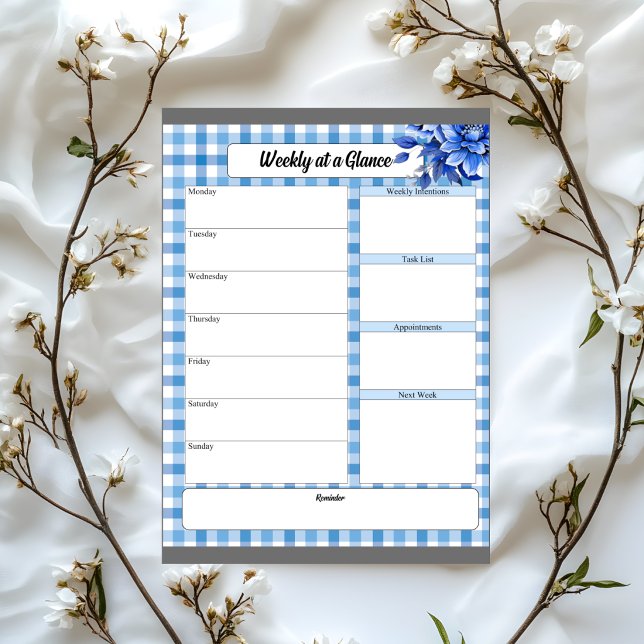 Blue Floral Gingham_ Week At a Glance Notepad (Creator Uploaded)