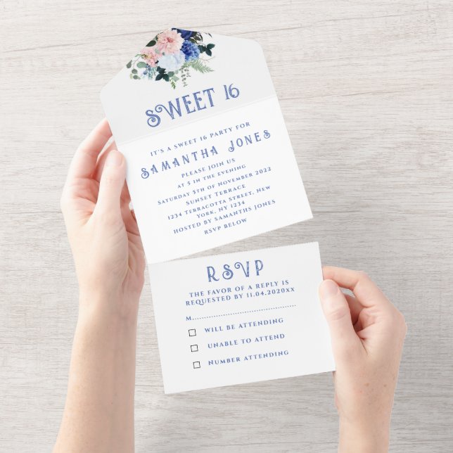 Blue Floral Girly Peony Sweet 16 Floral Sixteen All In One Invitation (Tearaway)