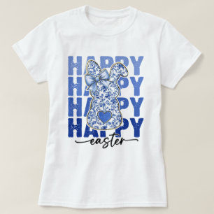 Blue Floral Glitter Easter Bunny Coquette T-Shirt
